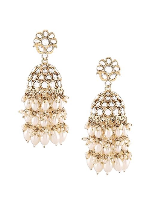 Zaveri Pearls Gold Tone Kundan & Cluster Pearl Drop Traditional Jhumka Earring For Women - Image 3