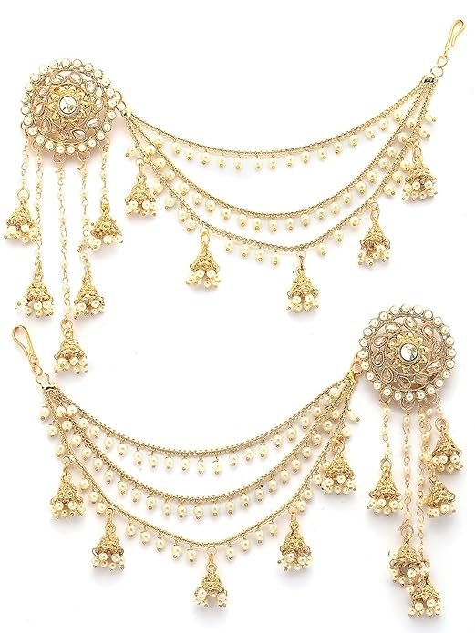 Sukkhi Creative Traditional Indian Fashion Gold Plated Multi Layer Pearls Ear Chain with Jhumka - Image 3