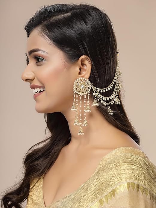 Sukkhi Creative Traditional Indian Fashion Gold Plated Multi Layer Pearls Ear Chain with Jhumka - Image 2