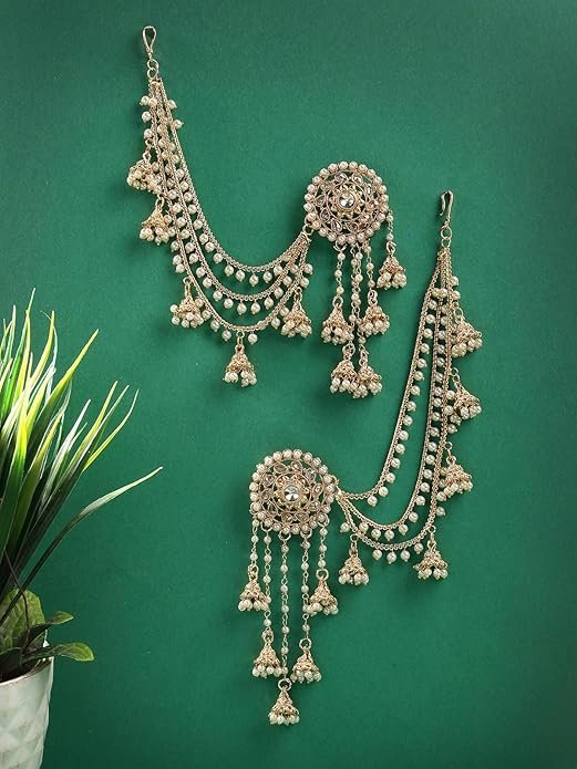 Sukkhi Creative Traditional Indian Fashion Gold Plated Multi Layer Pearls Ear Chain with Jhumka