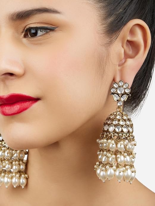 Zaveri Pearls Gold Tone Kundan & Cluster Pearl Drop Traditional Jhumka Earring For Women - Image 2