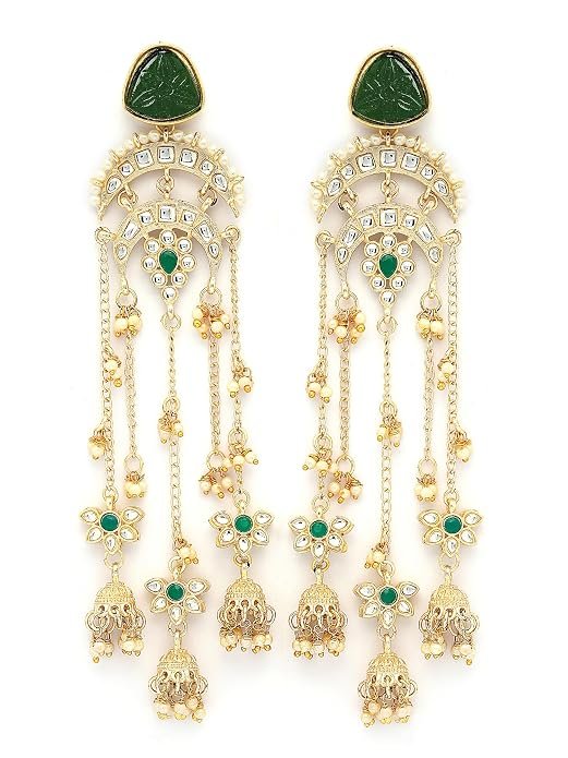 Karatcart Ethnic Gold Plated Green Carved Stone Long Dangler Earrings with Jhumkis - Image 2
