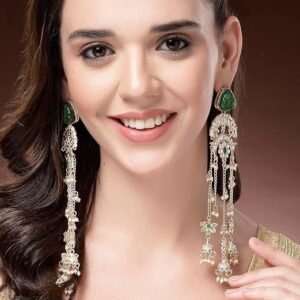 Karatcart Ethnic Gold Plated Green Carved Stone Long Dangler Earrings with Jhumkis