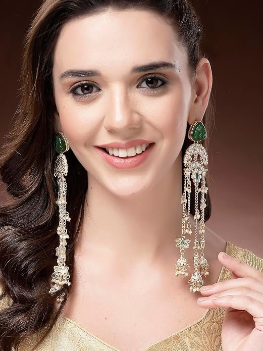 Karatcart Ethnic Gold Plated Green Carved Stone Long Dangler Earrings with Jhumkis