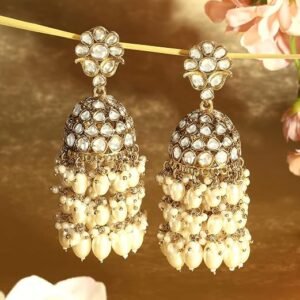 Zaveri Pearls Gold Tone Kundan & Cluster Pearl Drop Traditional Jhumka Earring For Women