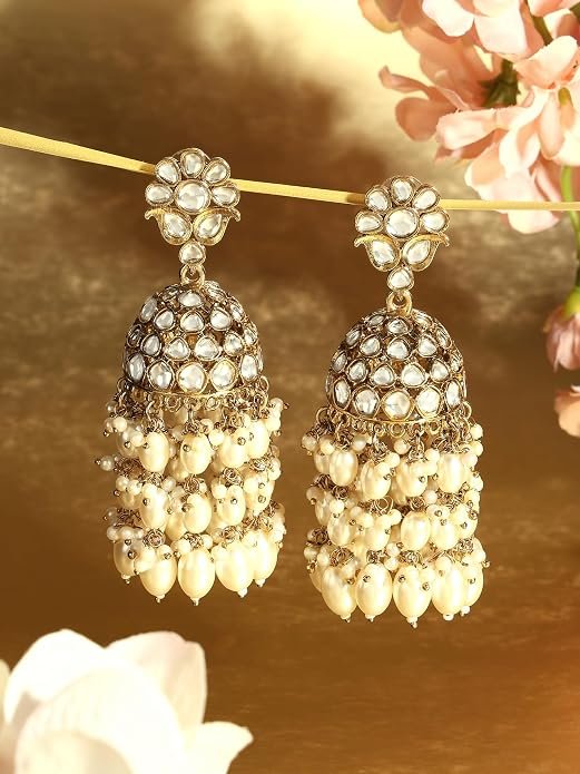 Zaveri Pearls Gold Tone Kundan & Cluster Pearl Drop Traditional Jhumka Earring For Women