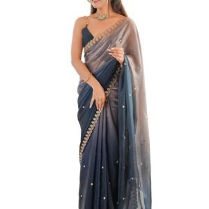AKHILAM Women's Shimmer Paper Silk Embroidered Saree With Unstitched Blouse Piece