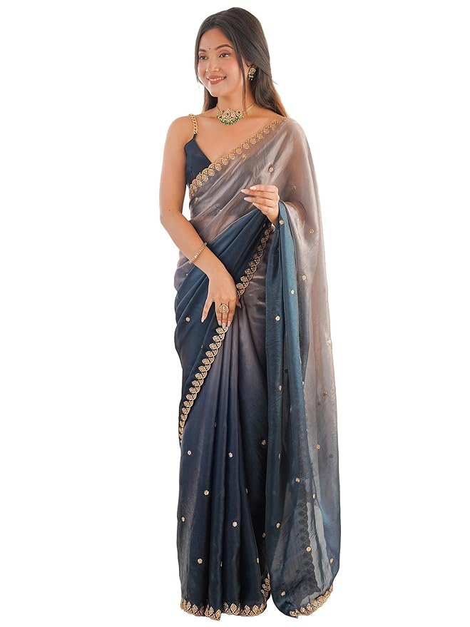 AKHILAM Women's Shimmer Paper Silk Embroidered Saree With Unstitched Blouse Piece