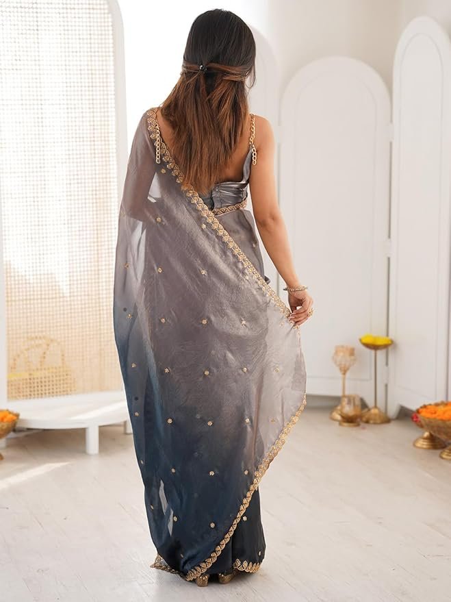 AKHILAM Women's Shimmer Paper Silk Embroidered Saree With Unstitched Blouse Piece - Image 2