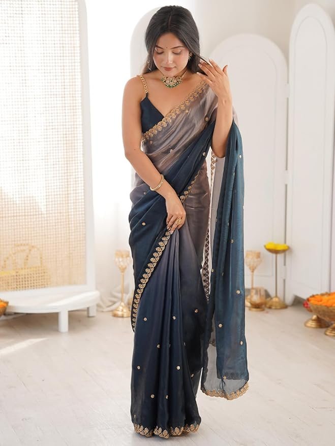 AKHILAM Women's Shimmer Paper Silk Embroidered Saree With Unstitched Blouse Piece - Image 3