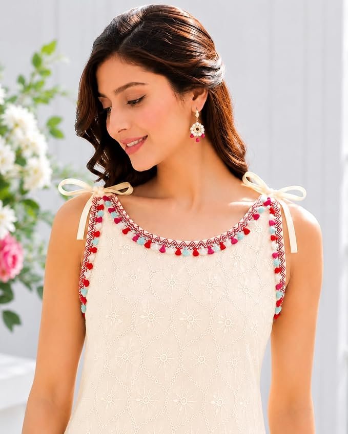 Women's White Cotton Embroidered Sleeveless Shoulder Tie-Up Short Kurti - Image 2