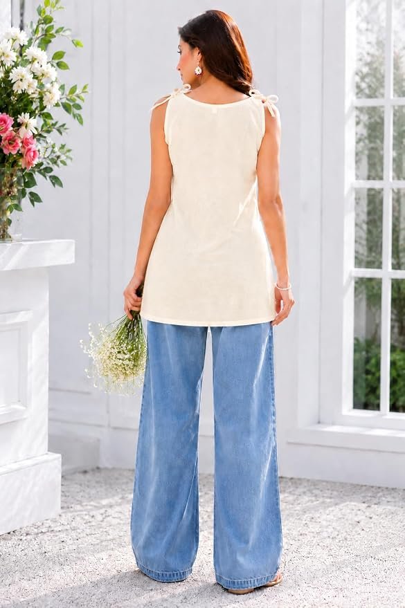 Women's White Cotton Embroidered Sleeveless Shoulder Tie-Up Short Kurti - Image 3