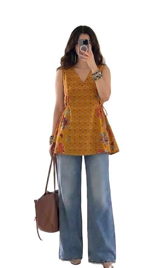 SAICHA Women's Cotton Floral Print Sleeveless V-Neck Tunic Top Short Kurti - Image 3