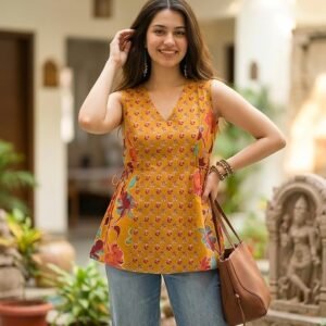 SAICHA Women's Cotton Floral Print Sleeveless V-Neck Tunic Top Short Kurti