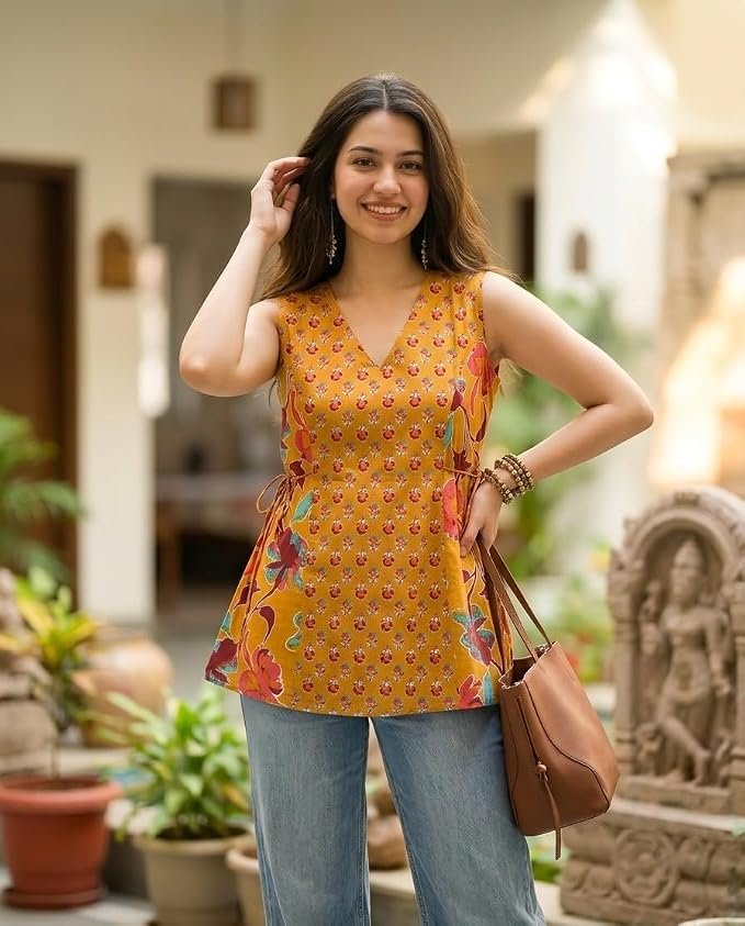 SAICHA Women's Cotton Floral Print Sleeveless V-Neck Tunic Top Short Kurti