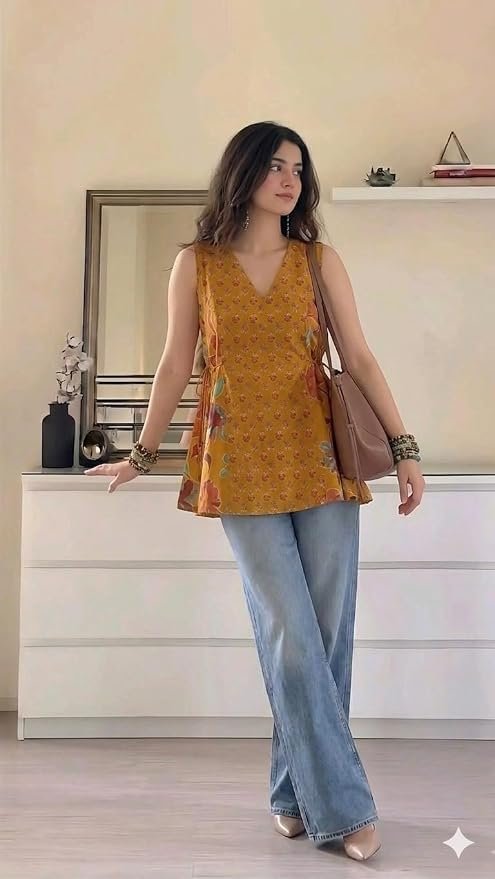 SAICHA Women's Cotton Floral Print Sleeveless V-Neck Tunic Top Short Kurti - Image 2